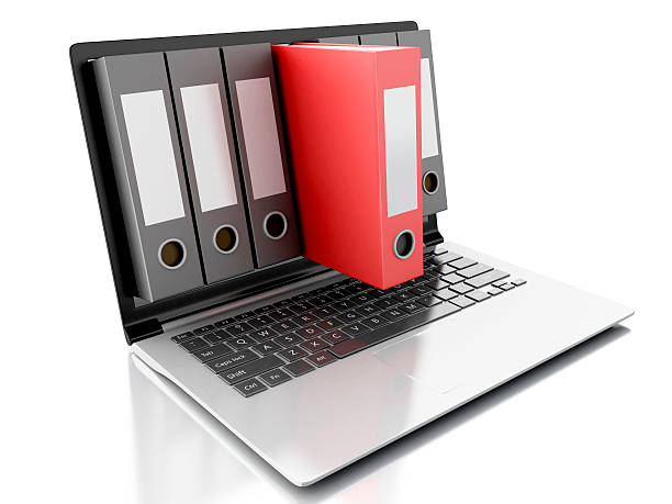 istock 3d Laptop and files. isolated white background 525509825