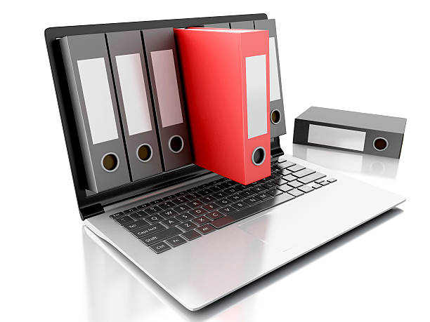 istock 3d Laptop and files. isolated white background 525509919