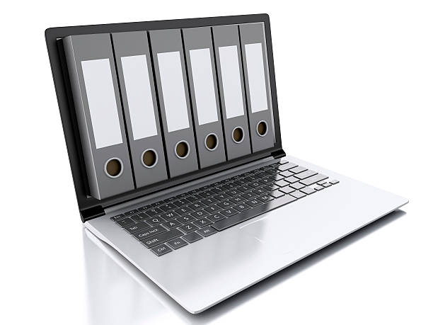 istock 3d Laptop and files. isolated white background 525509977