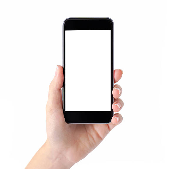 istock Isolated female hand holding a phone with white screen 525510681