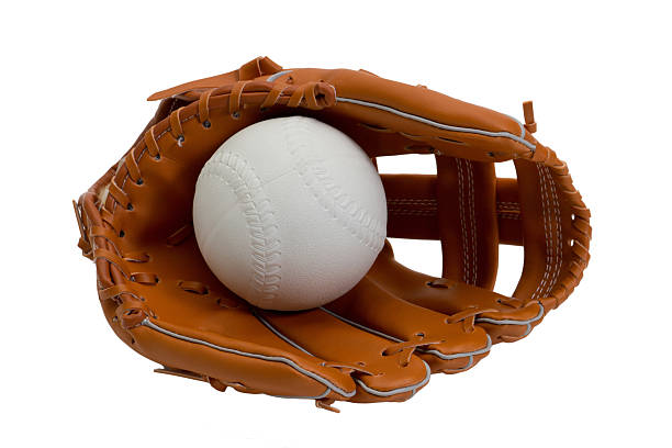 pelle palla bianco e guanto da baseball - rubber sports glove equipment isolated foto e immagini stock