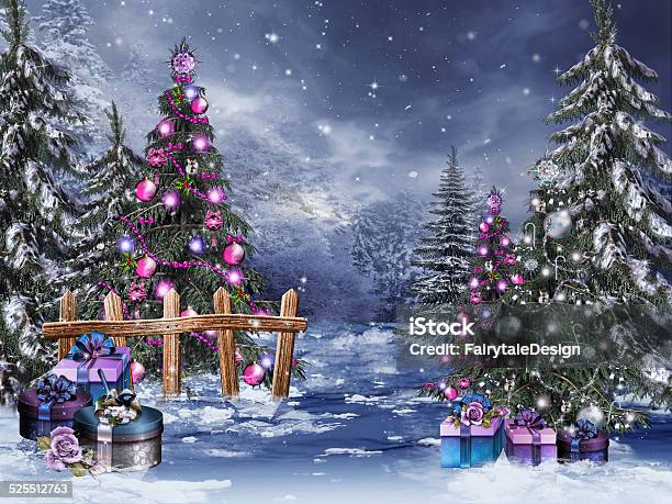 Winter Forest With Christmas Ornaments Stock Photo - Download Image Now - Christmas, Christmas Decoration, Christmas Ornament