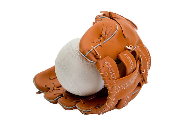 pelle palla bianco e guanto da baseball - rubber sports glove equipment isolated foto e immagini stock
