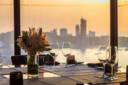 Dining Table With City View At Sunset