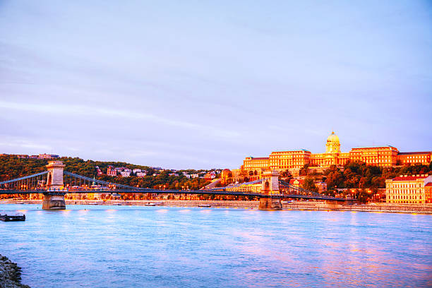 Szechenyi suspension bridge in Budapest, Hungary Szechenyi suspension bridge in Budapest, Hungary in the morning danube river stock pictures, royalty-free photos & images