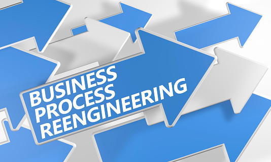 Business Process Reengineering 3d render concept with blue and white arrows flying over a white background.