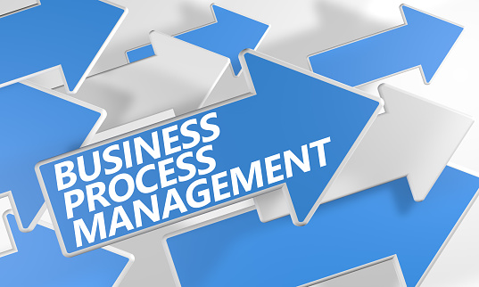Business Process Management 3d render concept with blue and white arrows flying over a white background.
