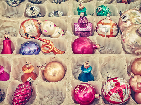 Retro styled image of old Christmas balls in a box