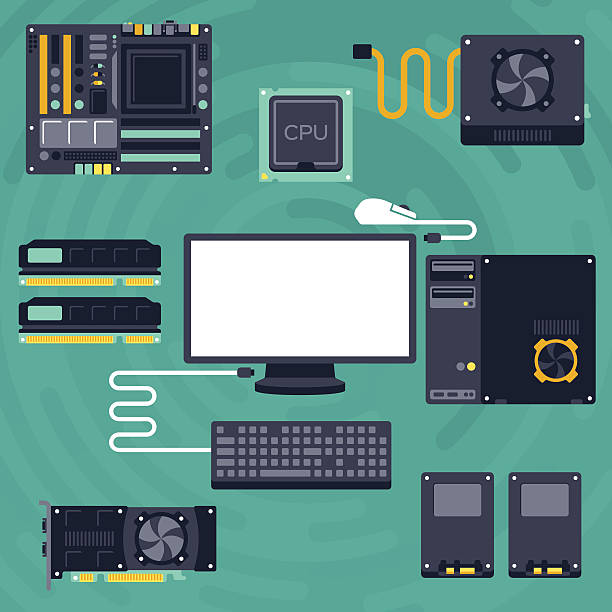 Flat PC Components and Computing PC computer and components modern flat style equipment concept. EPS 10 file. Transparency effects used on highlight elements. computer tower stock illustrations