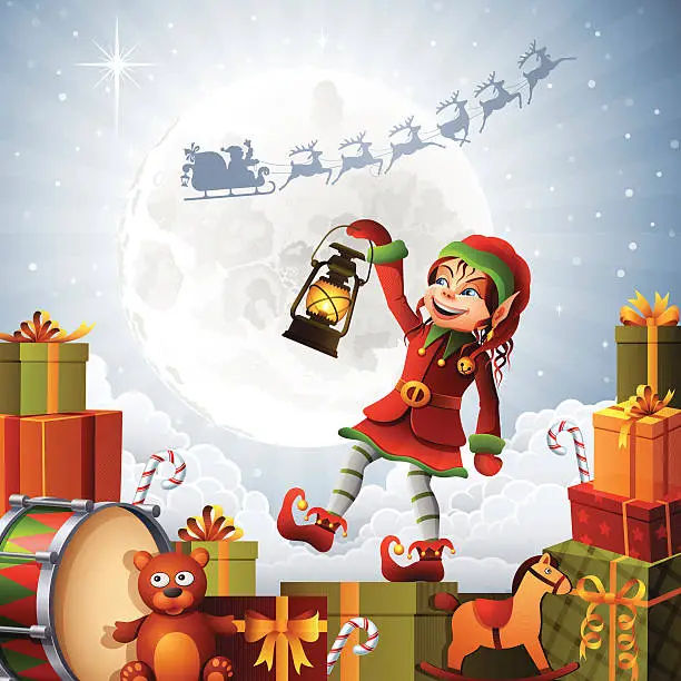 Vector illustration of Christmas Elf Girl with Gifts