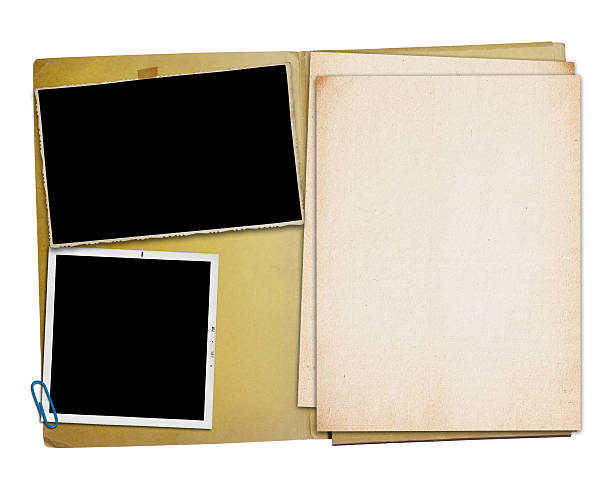 istock Open vintage folder with two old photographs, 525542967