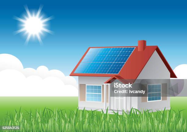 Ilustración de Solar House y más Vectores Libres de Derechos de Panel Solar - Panel Solar, Tejado, Casa