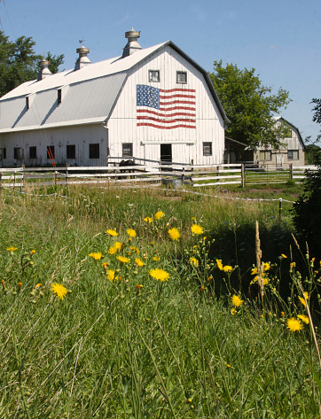 Weathered barn in Wisconsin with an American flag painted on it