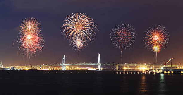 istock Fireworks celebrating over Yokohama Bay Bridge at night 525545643