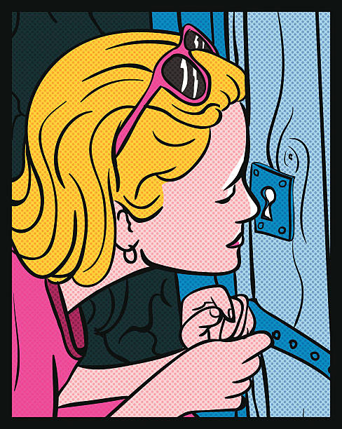 Girl Spies Girl peeking through the keyhole. Pop art or a vintage comic book style. woman spying through a keyhole stock illustrations