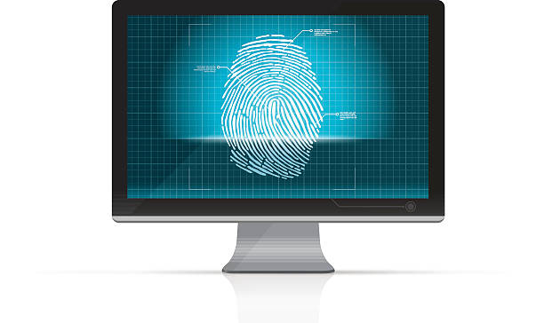 fingerabdruck-scanner auf computer-bildschirm - individuality identity computer graphic forensic science stock-grafiken, -clipart, -cartoons und -symbole