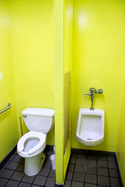 istock Ugly Yellow Public Restroom Stalls 525569749