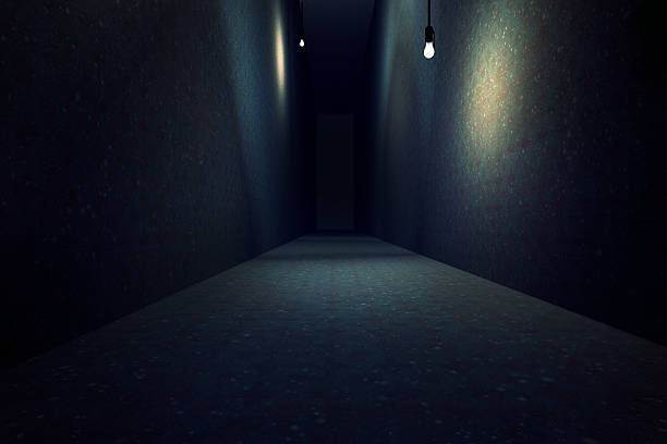 istock Dark, derelict mansion corridor with illuminated light bulbs 525570343