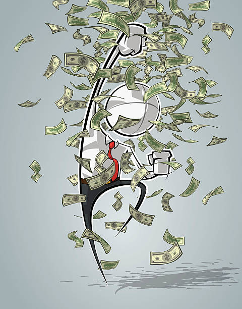 Simple Business People - Victorious Money Rain Sparse vector illustration of a of a generic Business cartoon character shouting YES under money rain. pennies from heaven stock illustrations