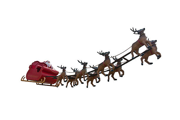 Santa Claus is coming! Santa Claus riding a sleigh led by reindeers isolated on white background. santa sleigh cutout stock pictures, royalty-free photos & images