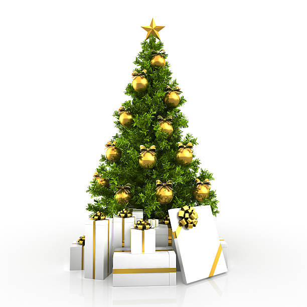istock Christmas tree winh gold decor isolated on white background 525574329