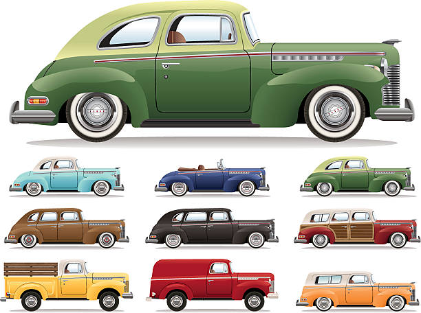 A vector drawing of a variety of body styles of automobile from the 1930s-1940s era.
