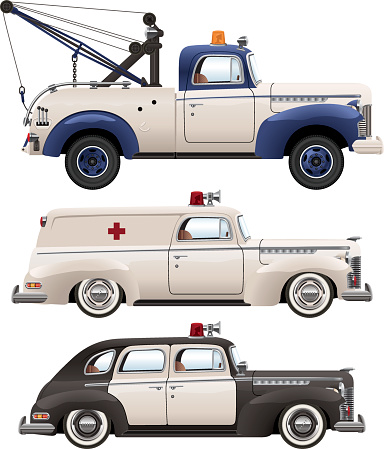 A vector drawing of emergency vehicles from the 1930s-1940s era.