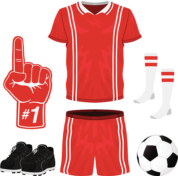 A red & white soccer uniform; top, shorts, socks, foam hand Soccer Uniform football socks stock illustrations