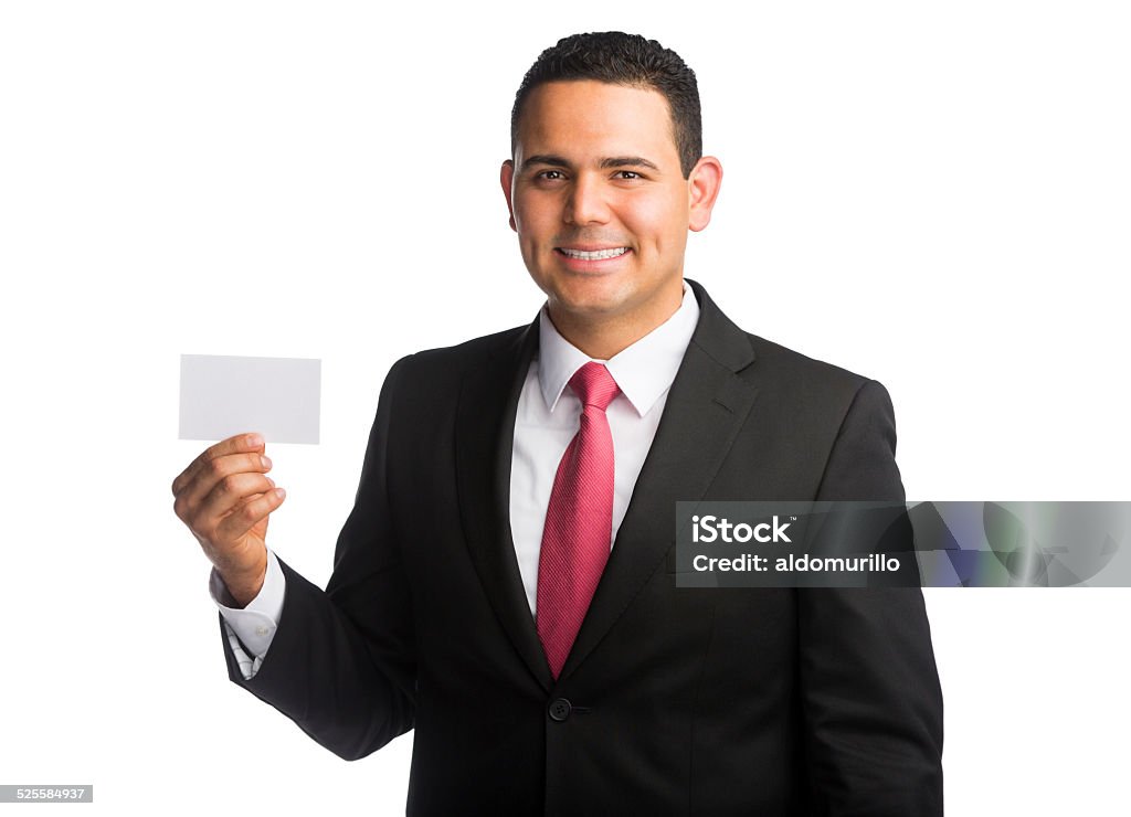 Businessman holding visiting card Businessman holding an empty visiting card isolated over white Cut Out Stock Photo