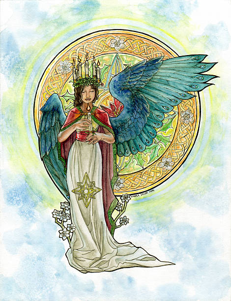 illustrazioni stock, clip art, cartoni animati e icone di tendenza di saint lucy d'angelo con candela corona e vetrate colorate - giorno di santa lucia