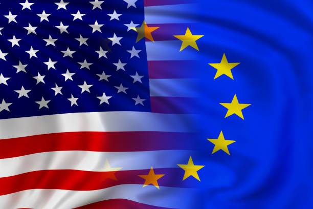 USA and EU flag USA and EU flag waving in the wind. High quality illustration. law european community european union flag global communications stock pictures, royalty-free photos & images