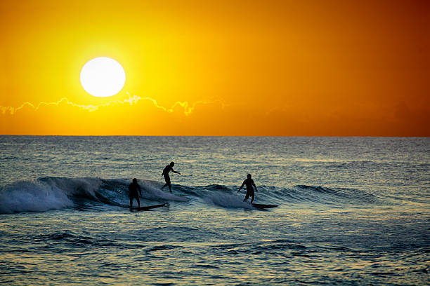 surfer bei sonnenuntergang in poipu beach, kauai, hawaii - surfing men hawaii islands wave stock-fotos und bilder