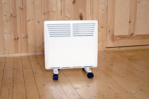 istock White electric convector heater in wooden house 525588173
