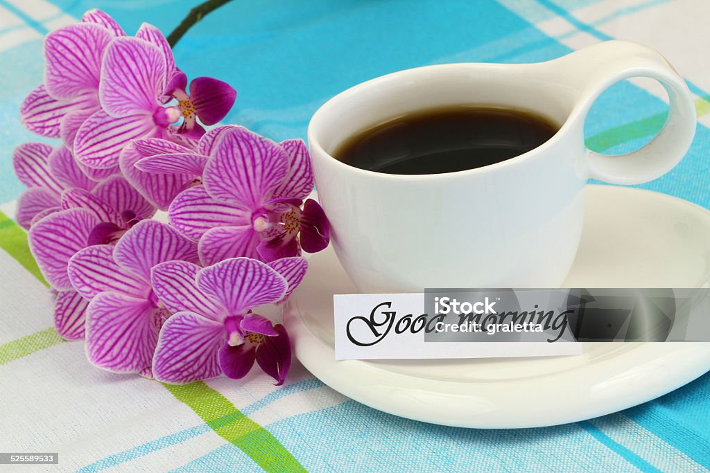 Bom Dia Cartão Com Xícara De Café E Rosa De Orquídeas - Fotografias de  stock e mais imagens de Azul - iStock