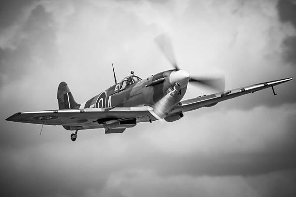 Spitfire WWII fighter aircraft in black & white Duxford, UK - May 25, 2014: A Spitfire LF.Vb fighter  aircraft of Second World War vintage in flight over an airfield in Cambridgeshire, England.  spitfire stock pictures, royalty-free photos & images