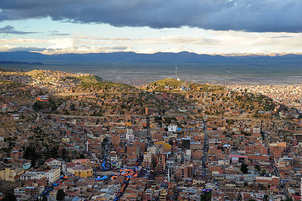 La Paz, Bolivia - Sep 19, 2016: Cityscape of La Paz downtown on the Ave. Perez Velasco. The Edificio de Col, a high-rise building, is seen on the left