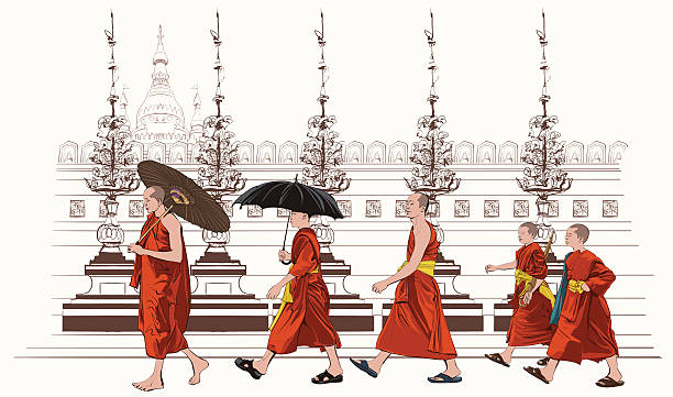 Buddhist monks walking in a temple Buddhist monks walking in a temple - vector illustration thai traditional costume stock illustrations