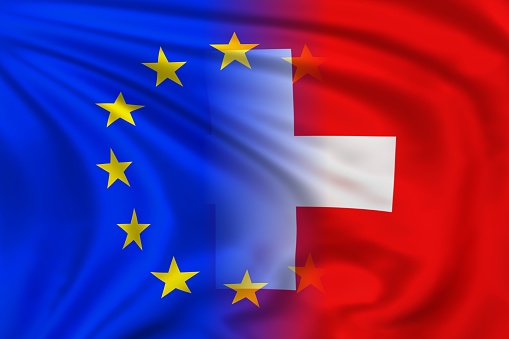 EU and Switzerland flag waving in the wind. High quality illustration.