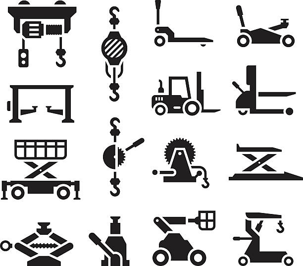 ilustraciones, imágenes clip art, dibujos animados e iconos de stock de conjunto de iconos de equipo de elevación - hydraulic platform illustrations