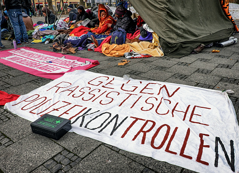 Munich, Germany - November 24, 2014: refugees in a hunger strike in munich - Sendlingertor. the refugees demonstrate for more rights and against racism. The photo shows the third day