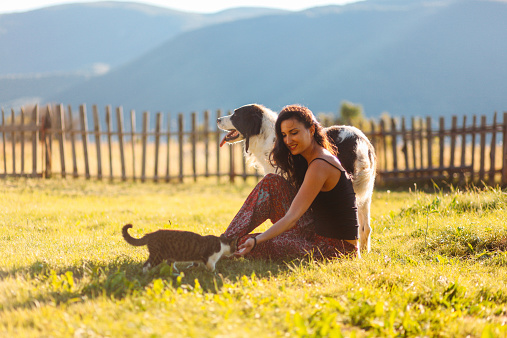 Young woman enjoys playing in the nature with her pets - a cute domestic cat and a shepherd dog, on the sunny day under the mountains in the rural countryside of Southern Europe. 