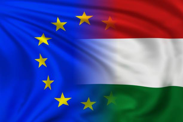 EU and Hungary flag EU and Hungary flag waving in the wind. High quality illustration. law european community european union flag global communications stock pictures, royalty-free photos & images
