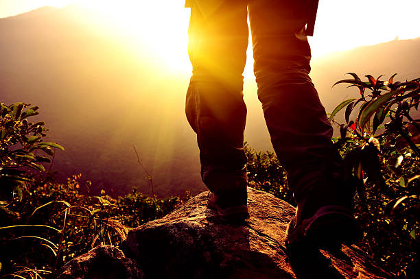 istock hiking feet  mountain peak rock 525625681