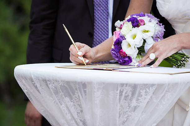 istock bride puts his signature, wedding decoration 525625769