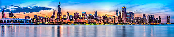 istock Chicago Sunset Skyline Night Panorama 525626693