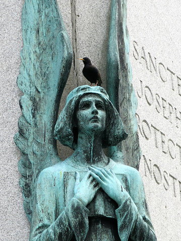 Weathered greenish angel statue holding a book, maybe the bible, with a black bird sitting on its head. Taken at Saint Joseph's Oratory, Montreal, Canada.