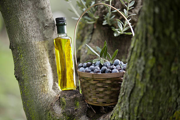Vertical view of bottle of fresh olive oil and olives  on table