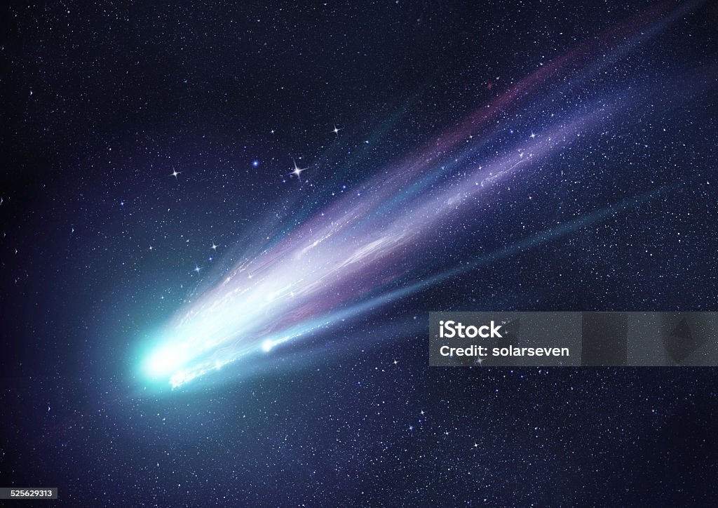 Super Bright Comet at Night A bright comet with large dust and gas trails as the comets orbit brings it close to the Sun. Illustration. Comet Stock Photo