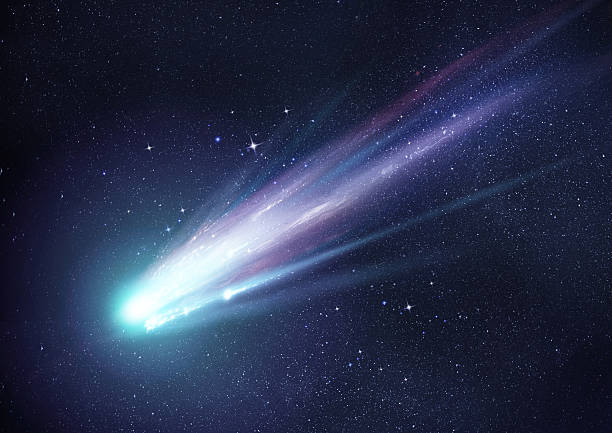 Super Bright Comet at Night A bright comet with large dust and gas trails as the comets orbit brings it close to the Sun. Illustration. asteroid stock pictures, royalty-free photos & images