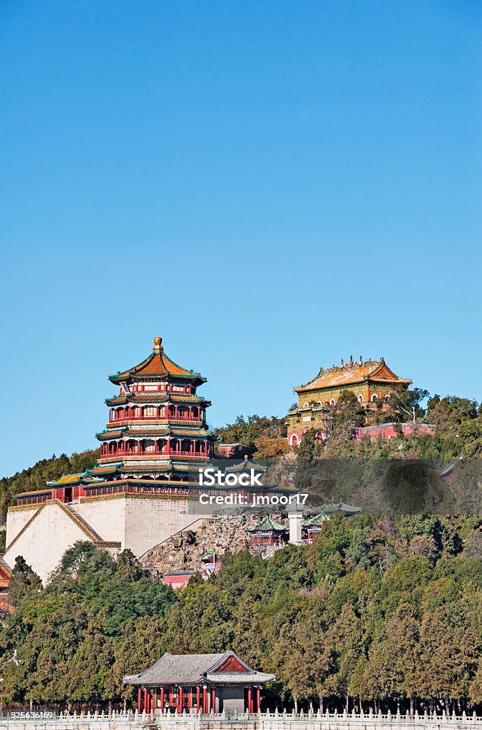 Summer Palace Views Beijing, China This view showing part of the Summer Palace in Beijing, the several temples are on longevity hill,this very sacret palce within the Chinese Culture was originally started as Garden and Ripples in 1750, having been destroyed over the centuries by various waring nations it is in constant reconstruction and considered a world heritage site and visited by the thousands of not only local visitors but international visitors from th world over. Camera Nikon D3. Beijing Stock Photo